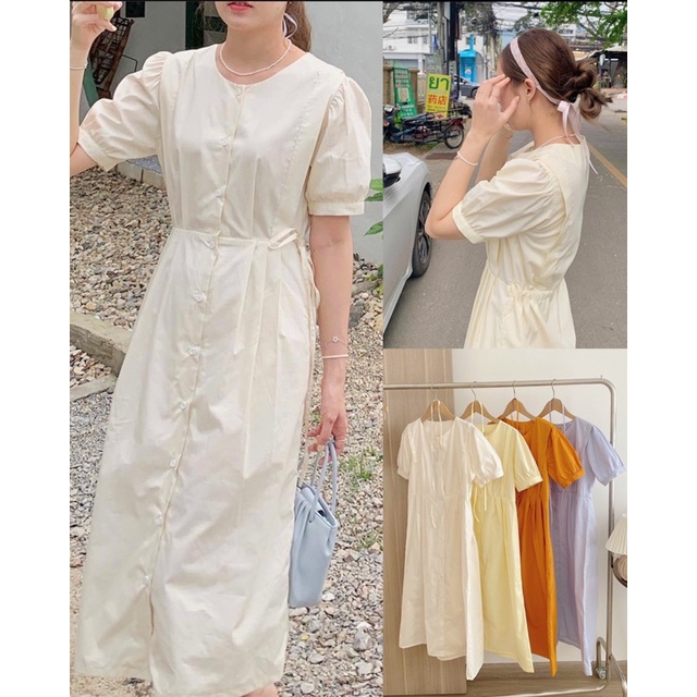 Váy đầm babydoll dập ly sườn dáng xoè tay phồng trơn vintage cổ điển form basic đơn giản dáng dài chữ A style hàn quốc