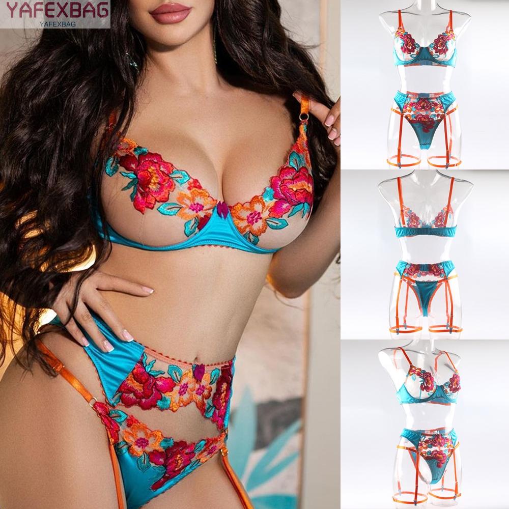 Lady Sexy Lingerie Bra G-String Suit Embroidered Floral Print Lace Pajamas