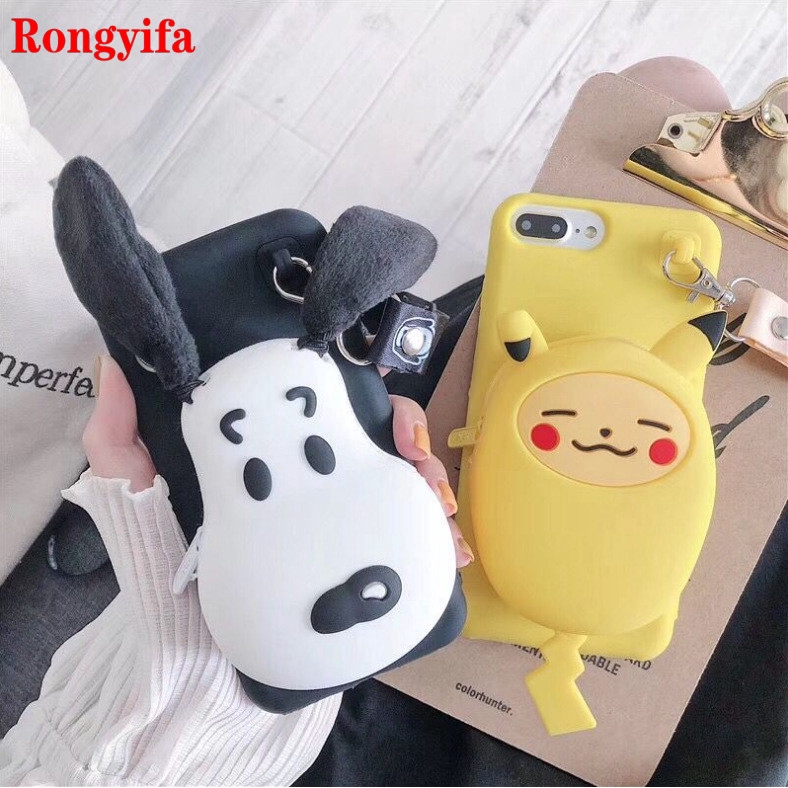 Ốp điện thoại dẻo dạng ví Pikachu Snoopy Kaws 3D có dây đeo cho Samsung Galaxy S7 S6 Edge S8 S9 S10 Plus S10e A5 2016