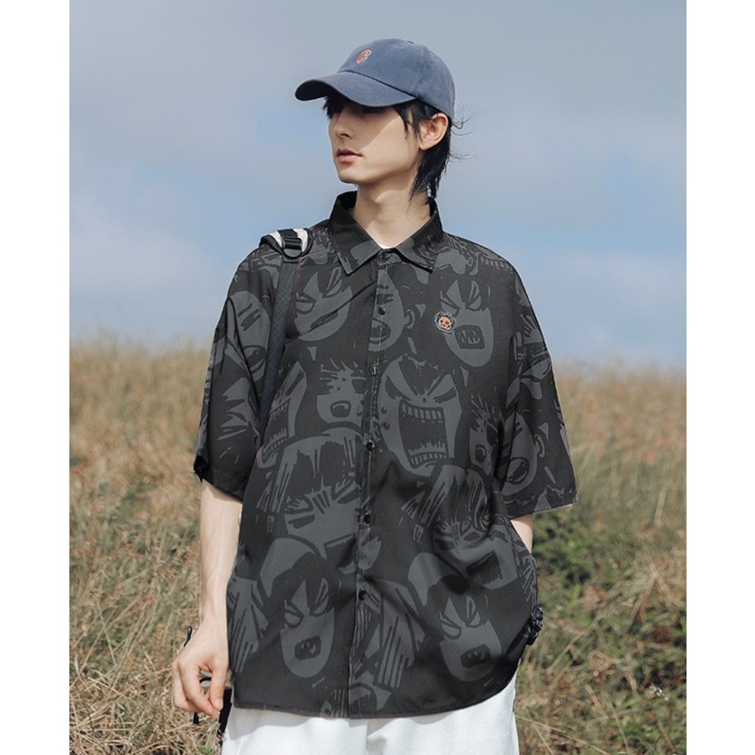Áo sơ mi họa tiết MEANSTORE nam nữ tay lỡ Oversize form rộng ulzzang cổ pizama không nhăn dáng suông - Thêu logo gấu