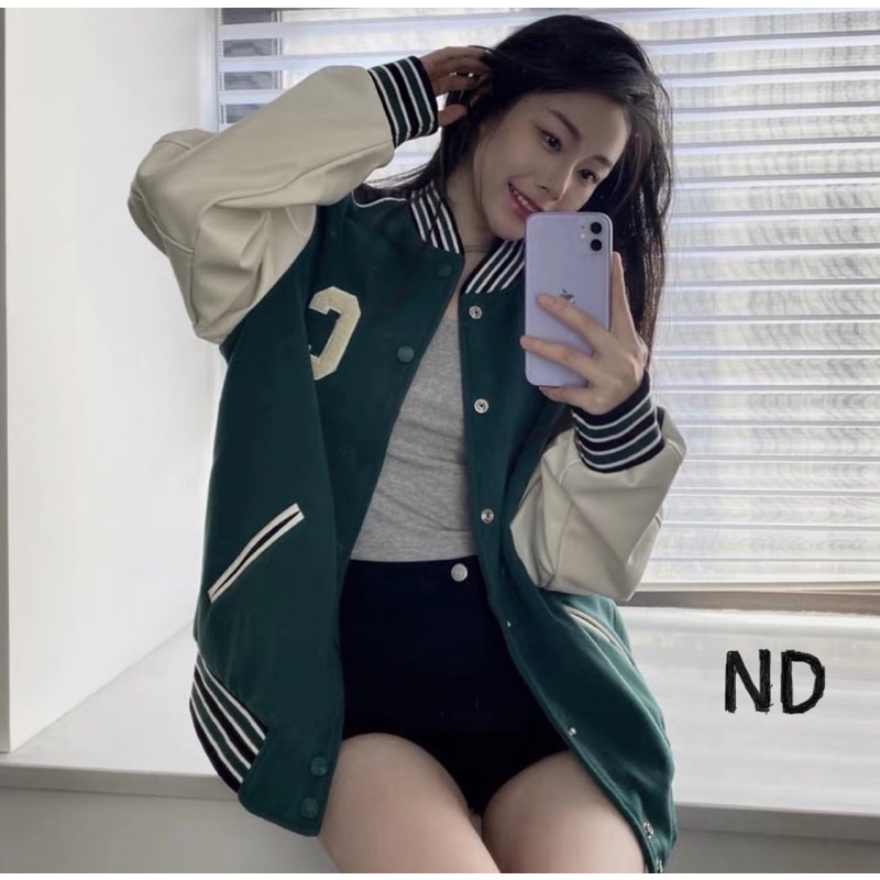 Áo khoác bomber thời trang nam nữ có hoạ tiết phối da, Áo khoác thu đông phối da tay áo phong cách hàn quốc từ 45-75kg