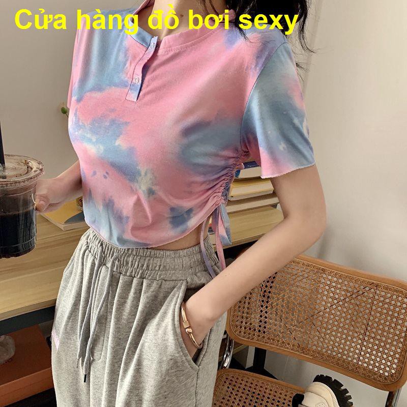 Thiết kế máy cẩn thận Cảm giác thích hợp dây rút màu xanh cà vạt BM áo gió ngắn crop top mỏng tay thun nữ mùa