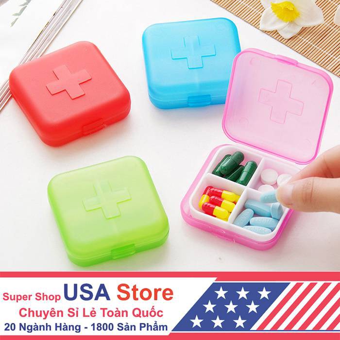 Hộp Khay Chia Ngăn Thuốc 4 Ngăn Chữ Thập - Khay Đựng Thuốc Y Tế Gia Đình Hàng Ngày Mini Nhỏ Gọn Bỏ Túi