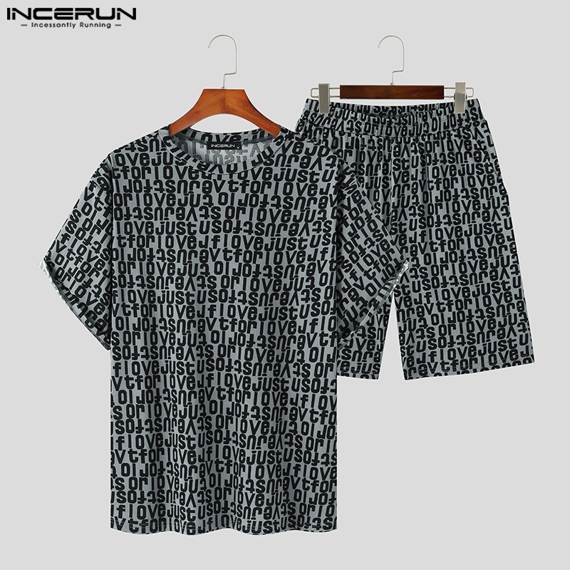 Set áo thun ngắn tay in họa tiết + quần short INCERUN thời trang mùa hè mát mẻ cho nam