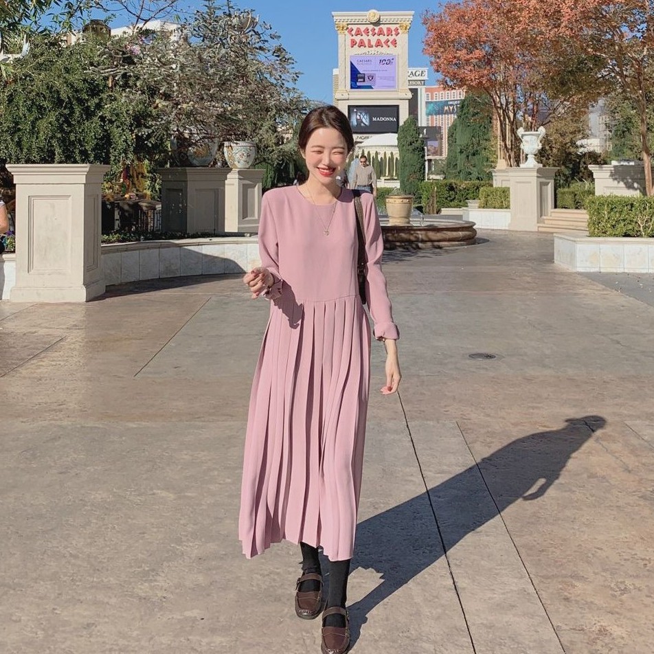 Đầm midi màu trơn cổ tròn dài tay dễ thương 32352 | BigBuy360 - bigbuy360.vn