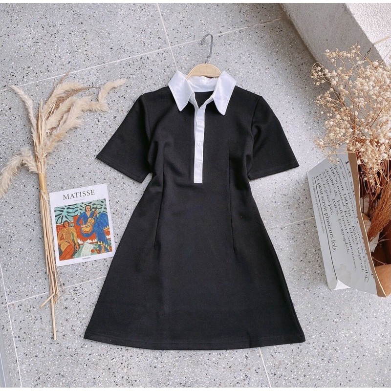 ĐẦM POLO ĐEN PHỐI CỔ TRẮNG