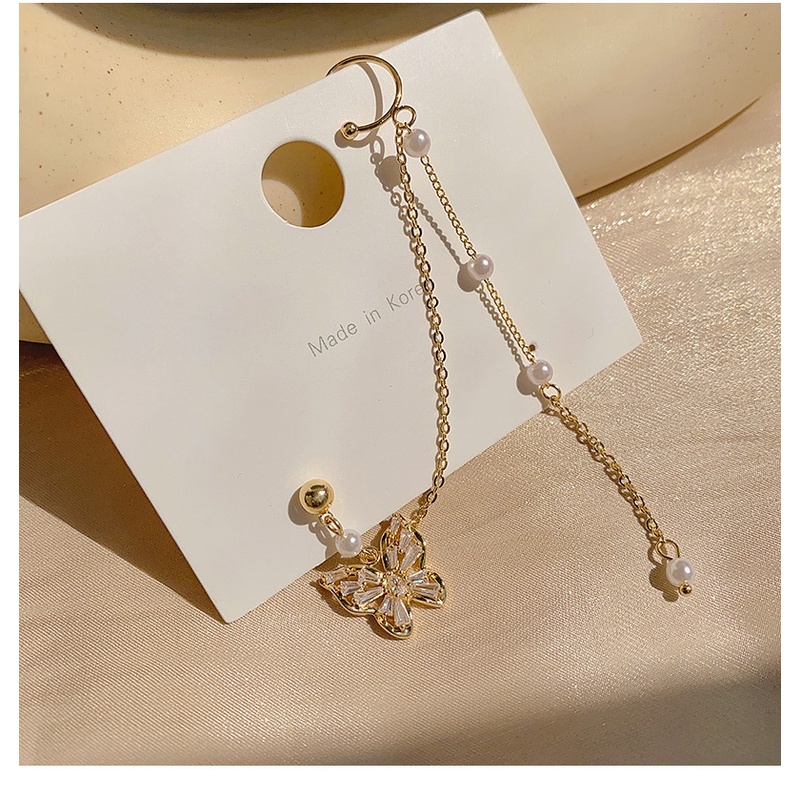 Bông Tai Dáng Dài Hình Bướm Đính Ngọc Trai Phối Dây Xích Tua Rua Kiểu Hàn Quốc Thời Trang Cho Nữ