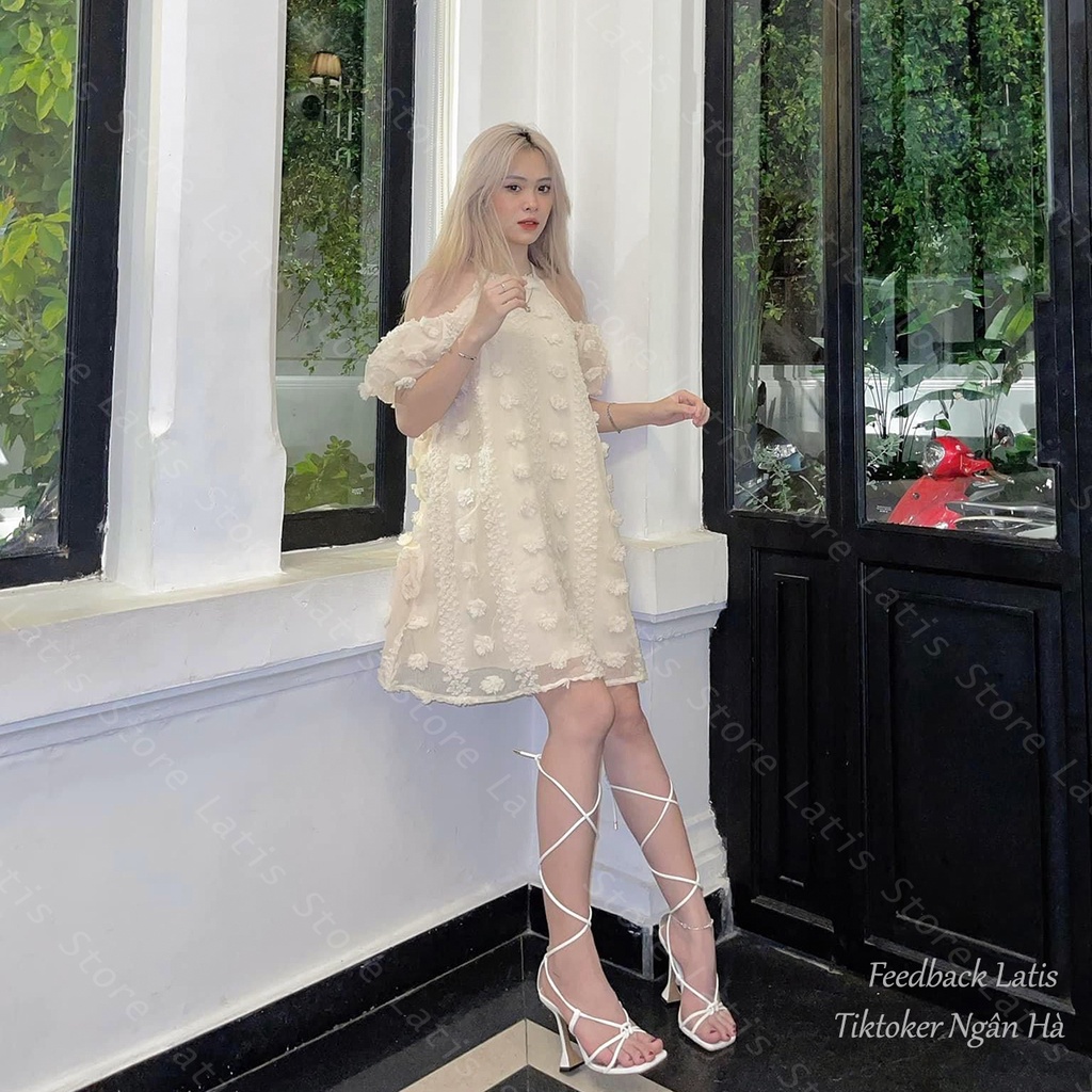 Váy Trễ Vai Cổ Yếm Tay Bồng Họa Tiết Thêu Hoa Nổi 3D, Đầm Yếm Babydoll Khoét Vai Thiết Kế - Latis Store