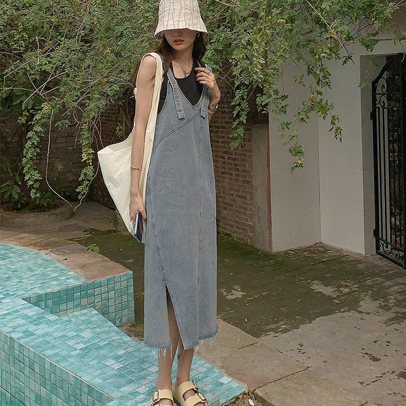 Đầm Yếm Denim Dài Qua Gối Không Tay Dáng Rộng Phong Cách Retro Pháp Thời Trang Mùa Hè Dành Cho Nữ