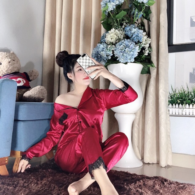 Bộ lụa phối ren tay dài quần dài