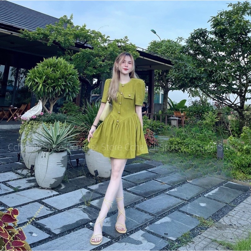 Đầm dự tiệc cưới, Đầm cổ vuông tay bồng xẻ trước vải gân đẹp xuất sắc