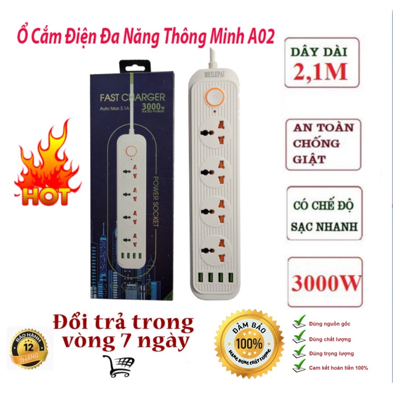 Ổ Điện Đa Năng Thông Minh, Cao Cấp A02, Chịu Tải 3000W - Auto Max 3.1A -An Toàn Chống Giật, Chống Cháy Nổ