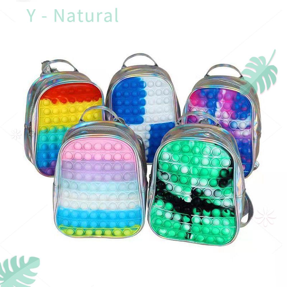 YNATURAL Rainbow Shoulder Bag Cartoon Student Knapsack Children Backpack Rodent Pioneer Silicone Stress Reliever Pop it Fidget Toy Push Bubble