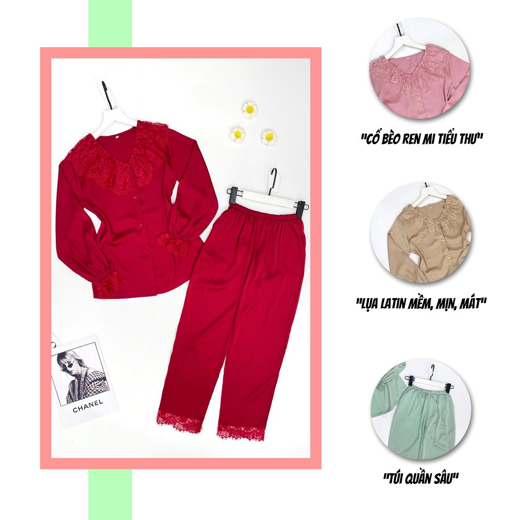 Đồ bộ tay dài SBORG pijama lụa latin cao cấp viền ren mi tiểu thư quần dài có túi freesize dưới 56kg quà tặng vợ