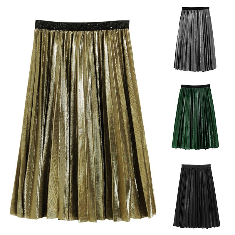 Chân váy lưng cao xếp ly lấp lánh ánh kim độc đáo cho nữ | BigBuy360 - bigbuy360.vn