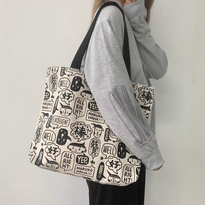 Túi tote túi vải canvas phong cách Hàn quốc, có khóa miệng, có ngăn phụ bên trong thời trang ulzzang