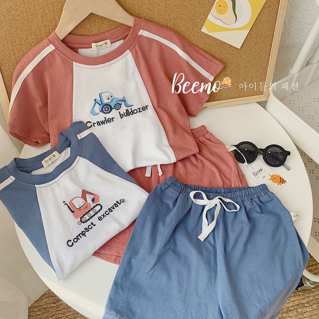 Bộ cotton hoạ tiết xe cần cẩu cho bé, set đồ mặc nhà  unisex  đẹp mát