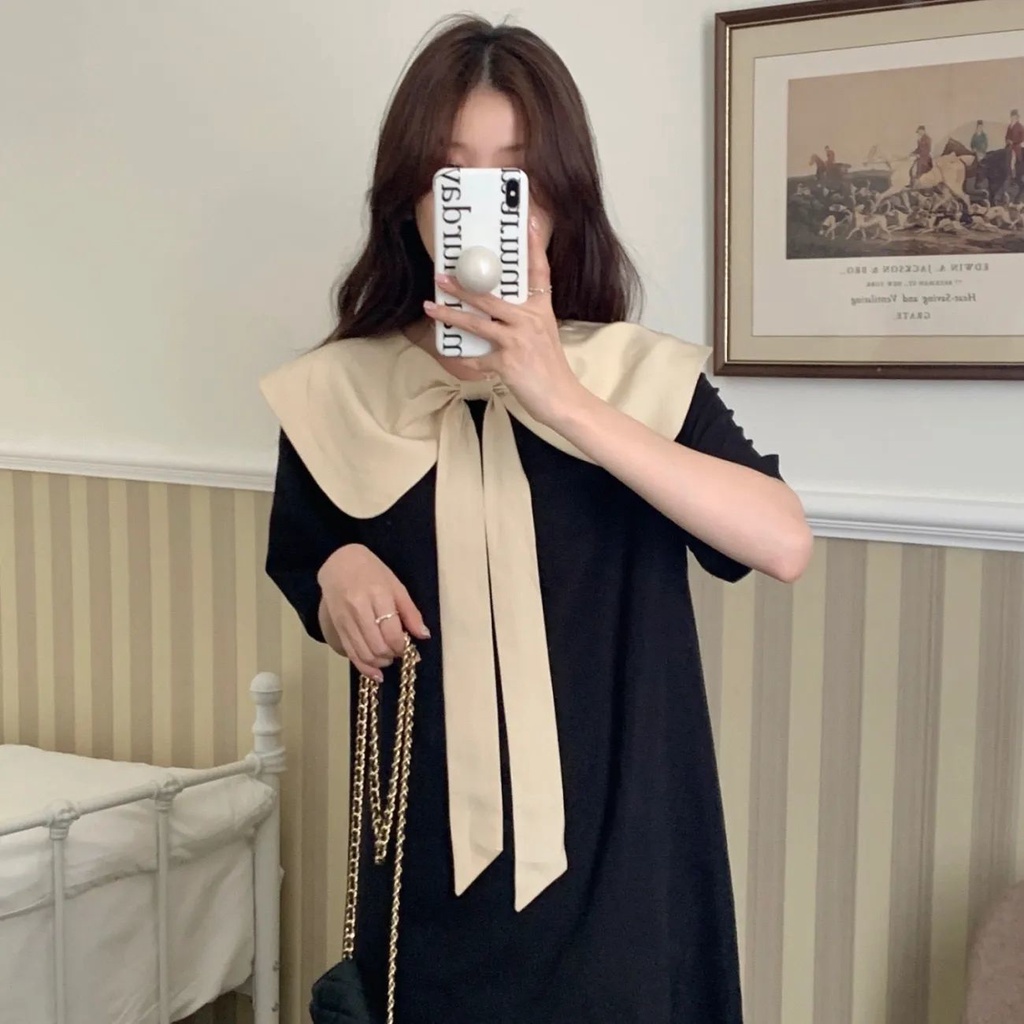 Đầm Ngắn Tay Cổ Búp Bê Phối Nơ Xinh Xắn Theo Phong Cách Mùa Hè Dành Cho Nữ