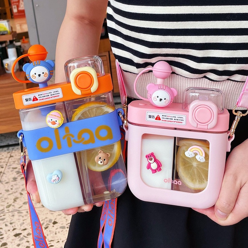 Bình Nước Hình Vuông Dung Tích Lớn 580/800ml Kèm Ống Hút Kiểu Dáng Dễ Thương