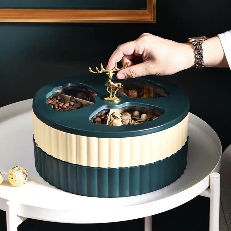 Khay đựng bánh kẹo tết mứt tết 2 tầng tay cầm hình đầu hươu xoay 360 độ phong cách Châu Âu - VS103