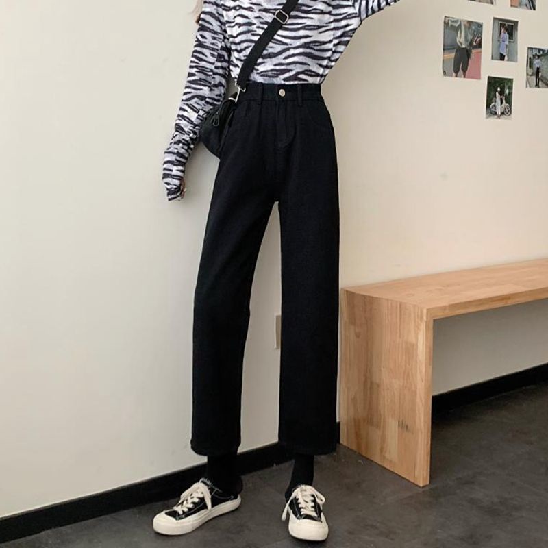 NZN Quần Denim Lưng Cao Ống Rộng Phong Cách Retro Hàn Quốc