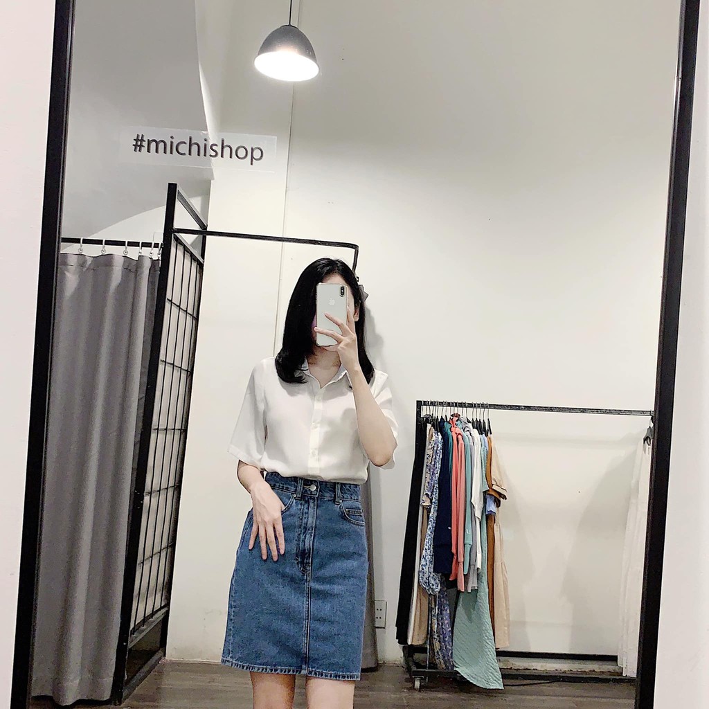 Áo sơ mi suông ngắn tay dáng rộng -79A21
