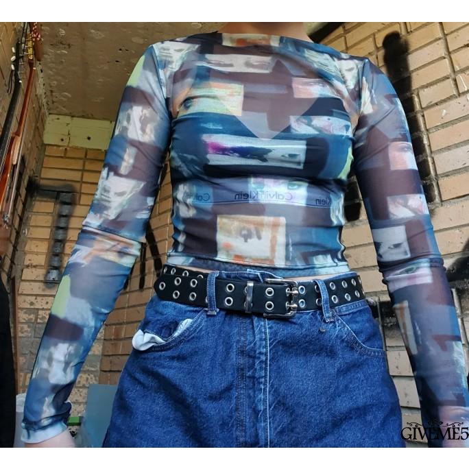 Áo thun tay dài phối lưới xuyên thấu thời trang cho nữ