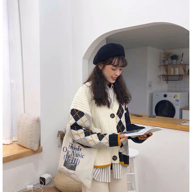 Áo khoác cardigan 2 màu hoạ tiết kim cương phối viền cam - Miss girl