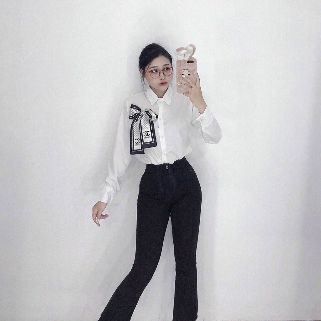 áo sơ mi đính nơ có túi xinh xắn tay dài