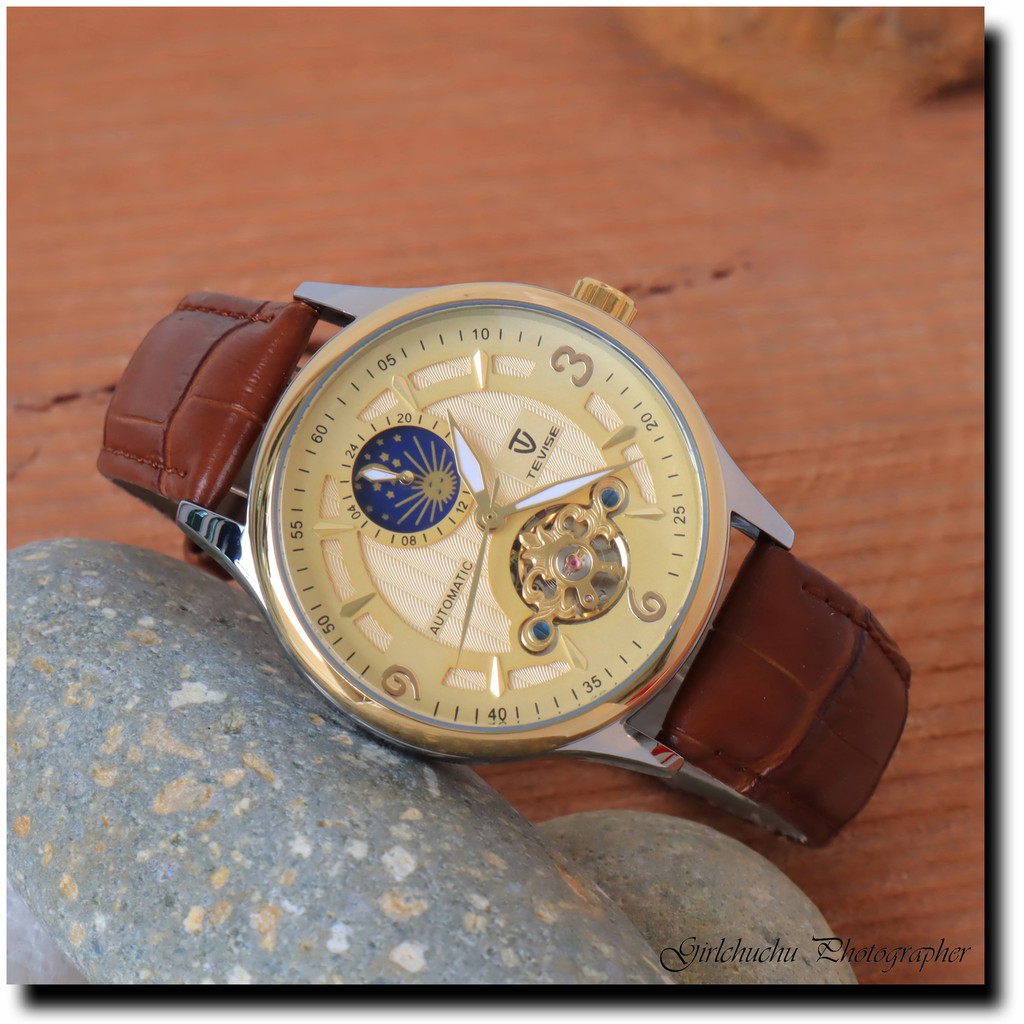 Đồng hồ cơ nam dây da cao cấp Tevise T820B-3 full box, mặt kính sapphire chống xước, chống nước, bảo hành 03 năm