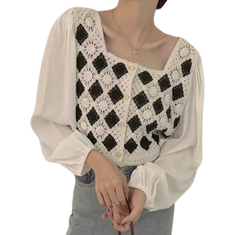 Áo Khoác Cardigan Chiffon Tay Dài Phồng Cổ Vuông Phối Ren Hoa Phong Cách Pháp Cổ Điển Thời Trang Cho Nữ
