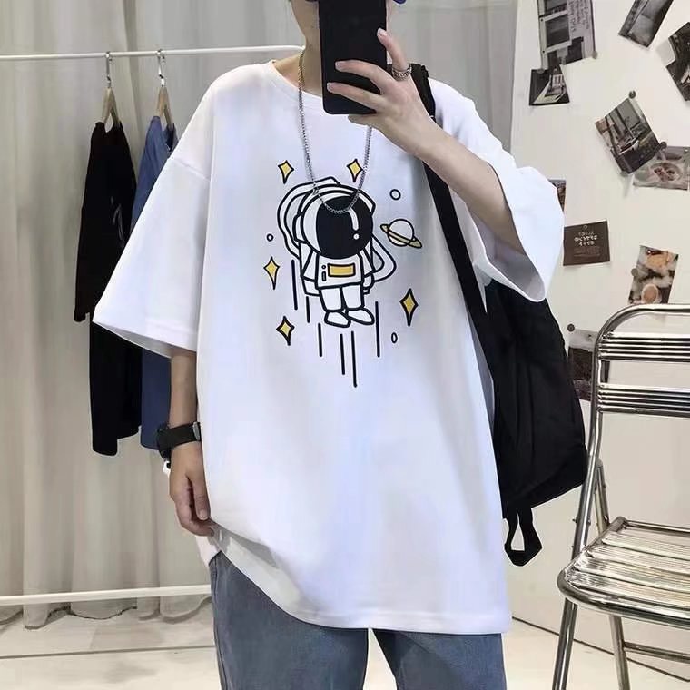 Áo Thun Nam Nữ In Hoạ Tiết Phi Hành Gia, Áo Phông Tay Ngắn Chất Liệu Cotton Dày Dặn