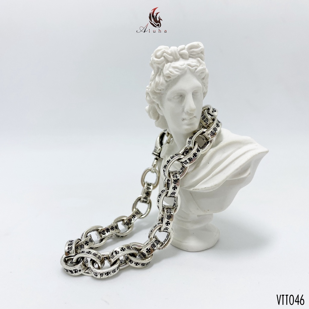 Vòng tay đồng trắng không rỉ Chrome Heart khắc chữ cực tinh xảo từng mắt xích - VTT046 - Aluha