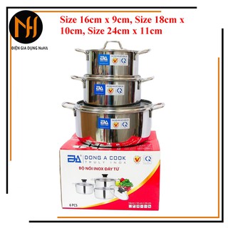 Bộ nồi 3 cái đáy từ Đông á gồm 3 size 16cm/18cm/24cm có 2 loại nắp inox và nắp kính (chọn phân loại)
