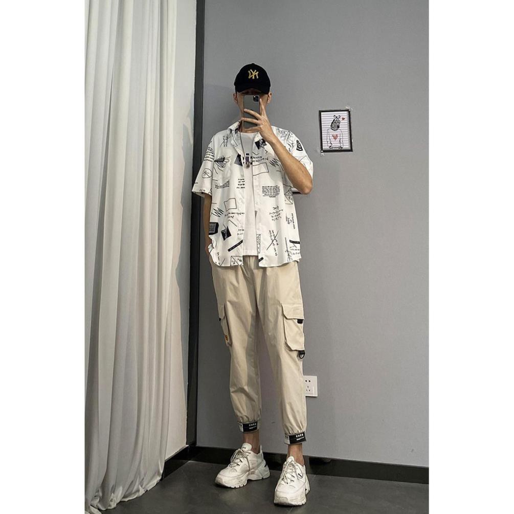 Áo sơ mi nam Bape form rộng tay lỡ họa tiết hình học có túi (đen, trắng) oversize ་