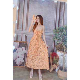 Đầm hoa maxi nơ ngực hai dây chất lụa