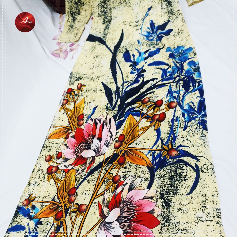 Áo dài nữ cổ tròn hoa tiết 3d chìm lụa nhật cao cấp - Áo dài Airi