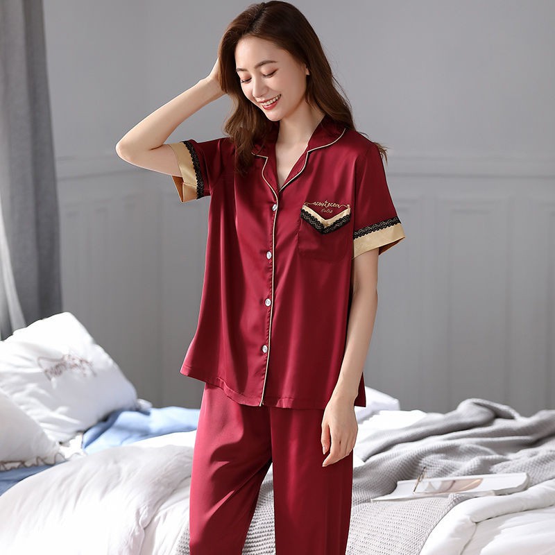 Bộ đồ ngủ pijama lụa băng cao cấp mùa hè mỏng tay ngắn mô phỏng tơ tằm cho bà mẹ trung niên và người già phục vụ