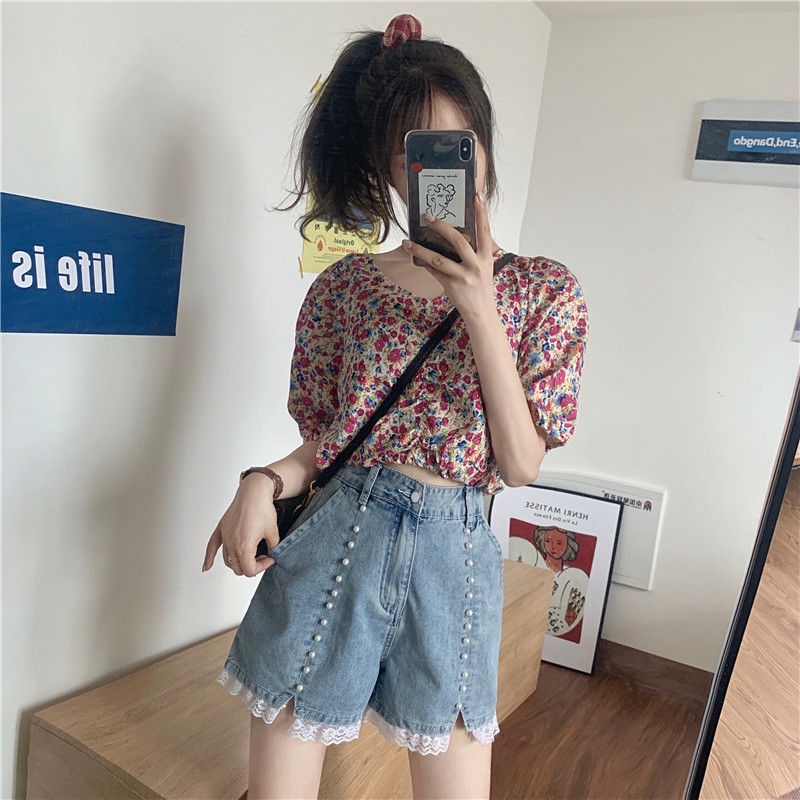 AMOI Quần Short Jeans Lưng Cao Ống Rộng Viền Ren Thời Trang Cho Nữ