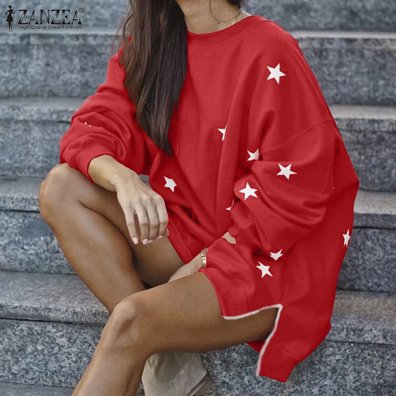 Áo sweatshirt ZANZEA cổ tròn tay dài dáng rộng in họa tiết ngôi sao thời trang cho nữ