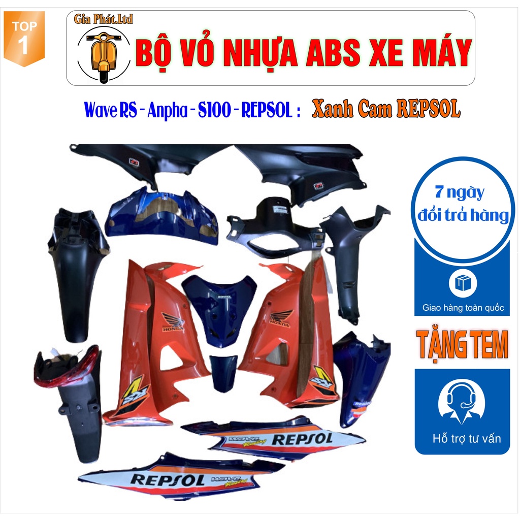 Bộ nhựa màu XANH CAM REPSOL cho xe Wave RS - Anpha - S100 đời 2006 đến 2016_SPP-990