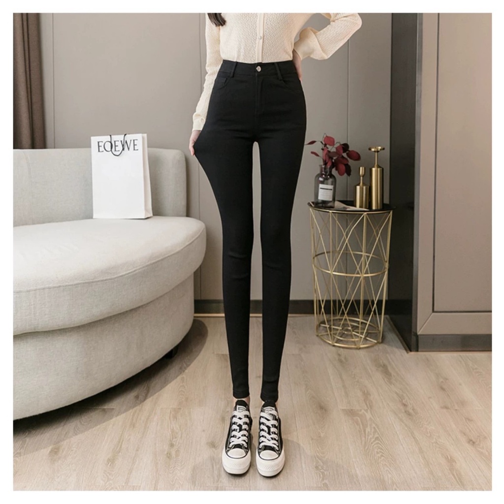 Quần legging nữ cạp cao dáng dài chất Umi hàn màu đen dày dặn co dãn 4 chiều Quần tregging nữ 1 khuy có túi ôm gen bụng