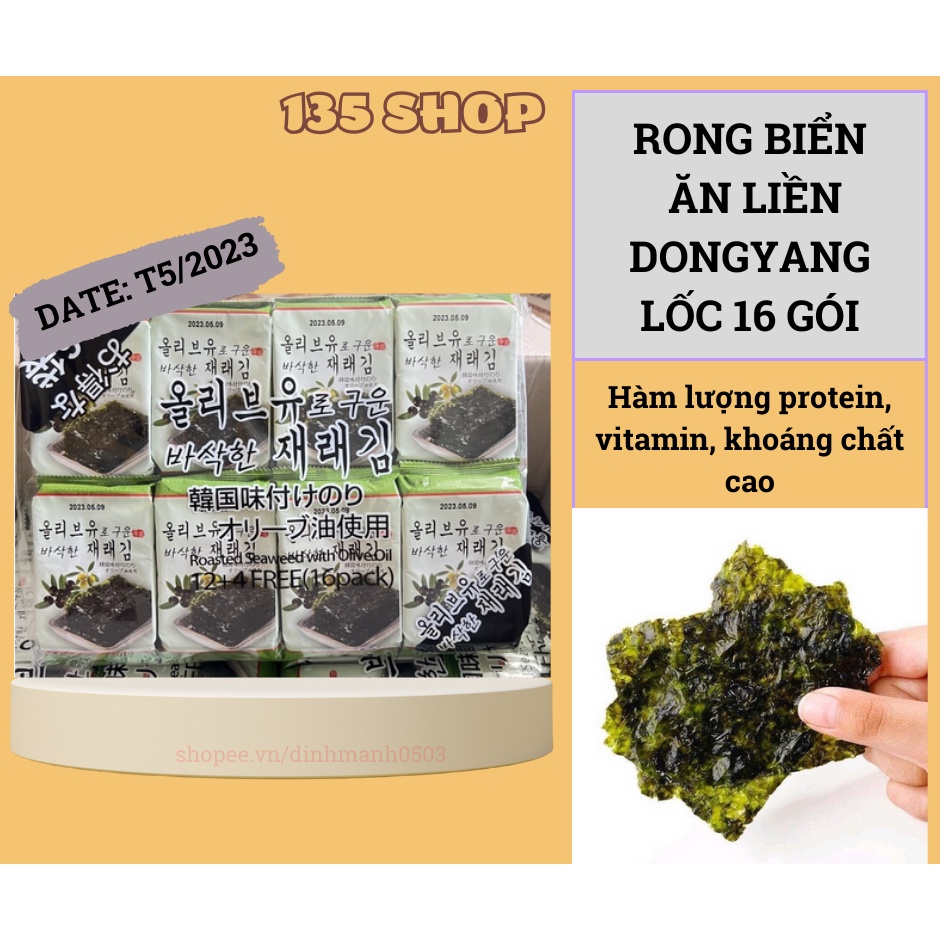 Rong Biển Ăn Liền Hàn Quốc DONGYANG Lốc 16 Gói – Lá Kim Sấy Khô Ăn Liền, Cuộn Cơm Cho Bé Tẩm Gia Vị
