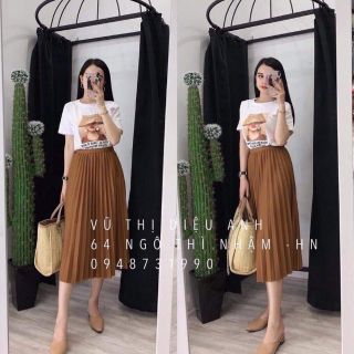 Set áo cô gái + chân váy dập ly siêu sang
