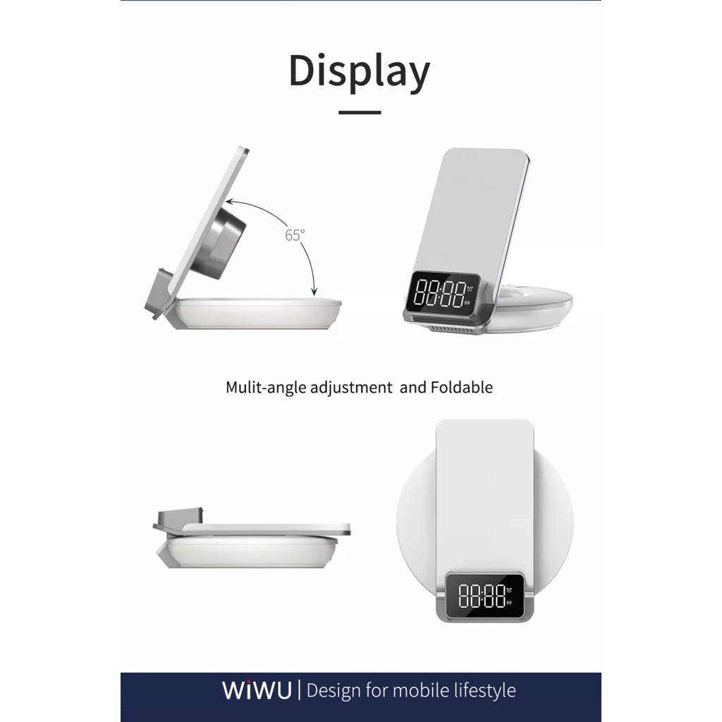 Sạc Wiwu Automatic Positioning 4in1 M11 hỗ trợ sạc nhanh không dây, sạc có đồng hồ hiển thị giờ - Hàng chính hãng