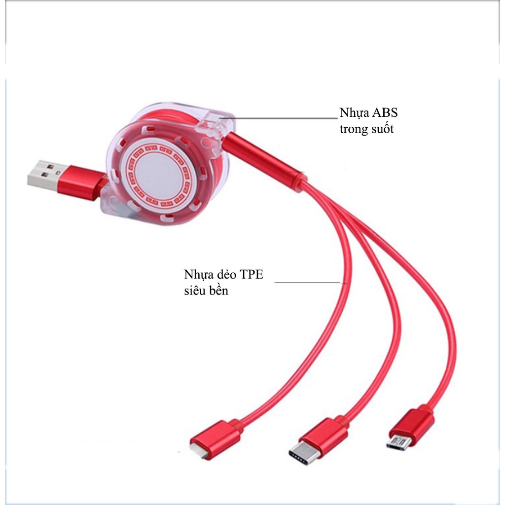 Dây sạc, Cáp sạc rút đầu Usb đa năng 3 đầu sạc Micro USB - Iphone - USB C đa năng