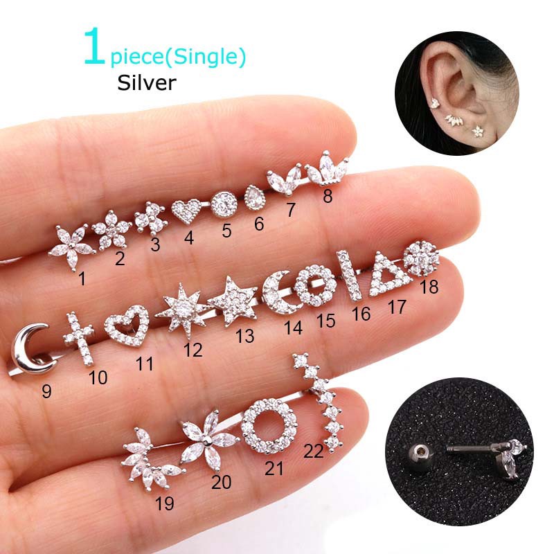 Khuyên tai đơn bằng thép không gỉ đính đá Zircon nhân tạo 16g