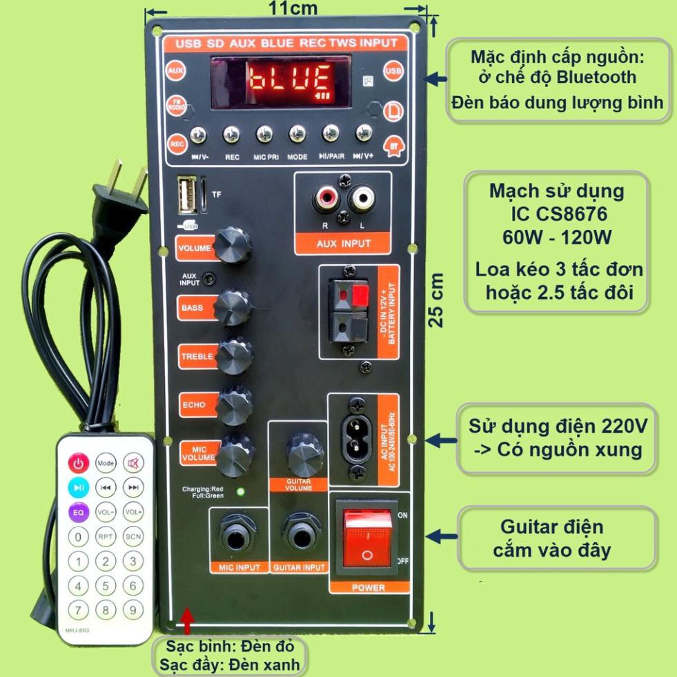 Mạch loa kéo CS8676 có nguồn xung kèm Micro đơn hoặc Micro đôi – Bluetooth Karaoke Guitar điện – cho loa kéo 3 tấc đơn