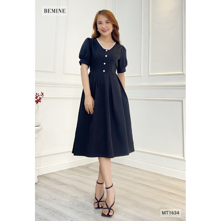 [Mã WABRWA15 giảm 15% đơn 300K] Đầm xòe đính nút cổ V phối ren BEMINE MT1634DEN