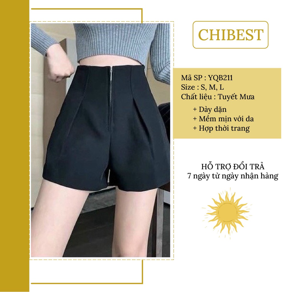 Quần short nữ cạp cao ống rộng lưng liền khóa trước chất vải tuyết mưa siêu dày dặn  CHIBEST YQB211